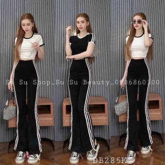 Set bộ thun gân áo croptop viền đen mix quần dài ống loe phong cách, Set bộ mặc nhà, đi chơi chất thun gân áo croptop tay ngắn quần dài loe ống cao, Set bộ thun gân áo ngắn tay viền đen croptop quần dài suông ống loe MTB