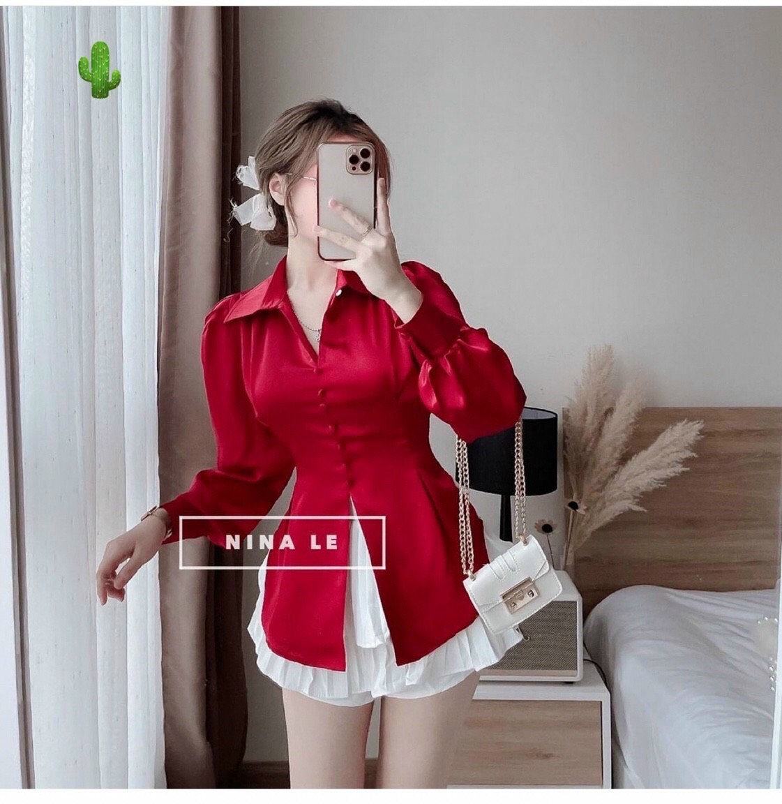 - Áo sơ mi nữ tay phồng nút bọc vạt nhọn chiết eo gợi cảm có nơ sau chất vải phi lụa sang chảnh đẹp điên đảo người nhìn PC