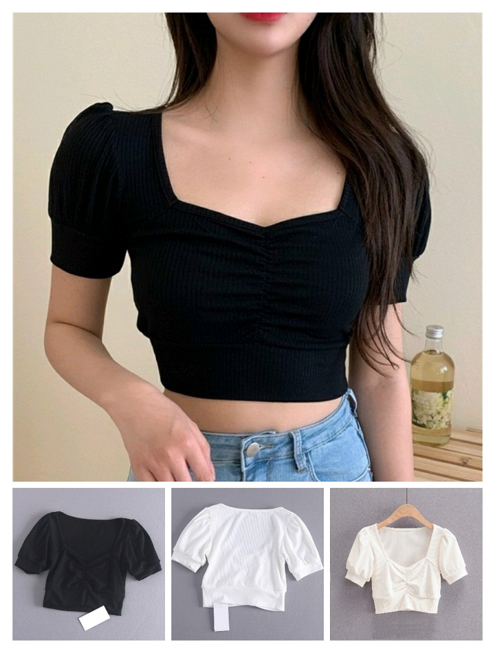 Áo croptop tay phồng cổ vuông nhún ngực orm09