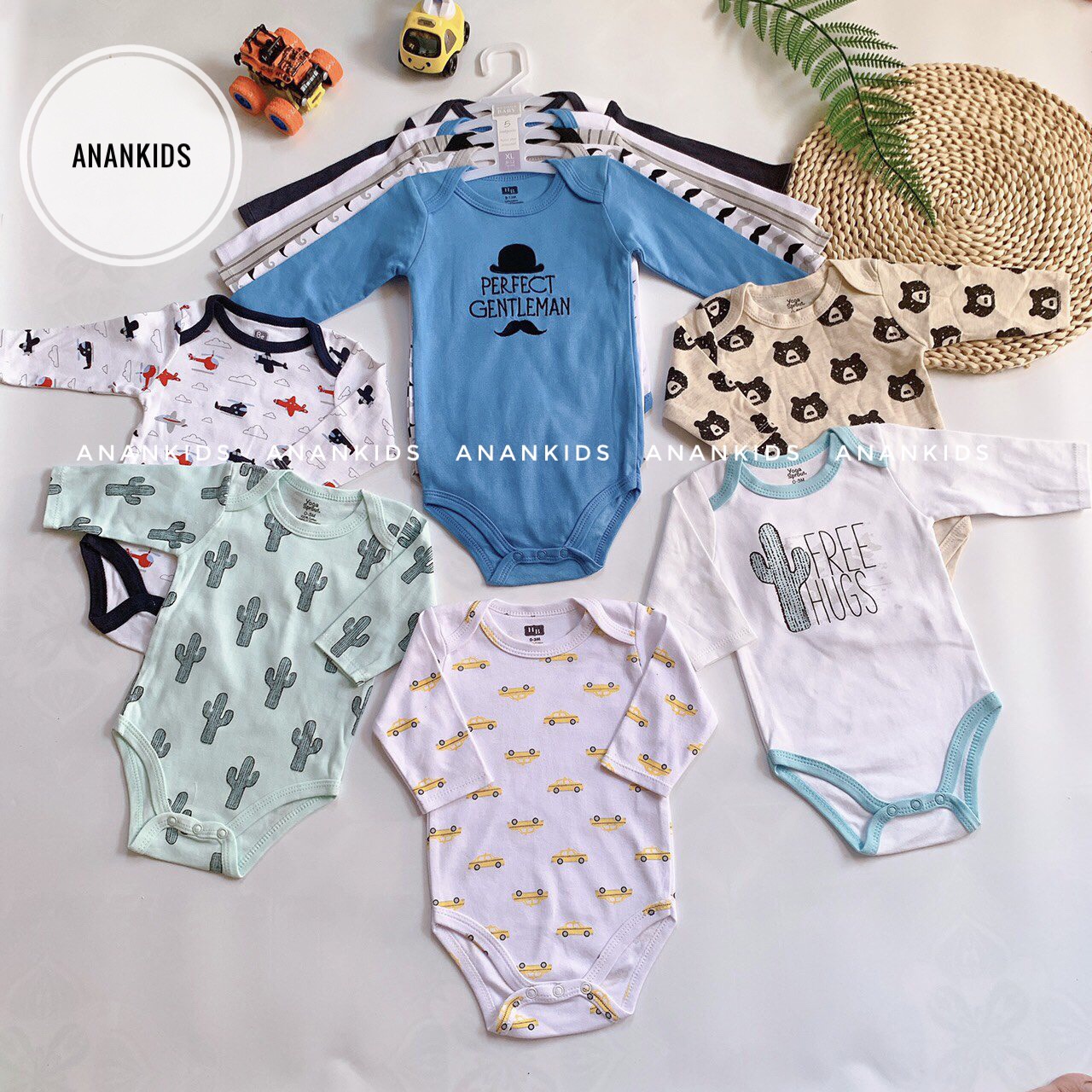 Set 5 body chip bodysuit tay dài cho bé trai bé gái siêu xinh 0-24m kèm móc