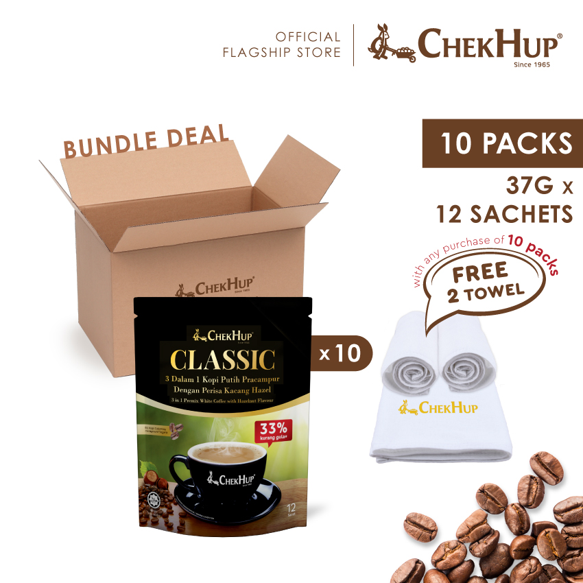 Chek Hup 3in1 Classic Colombian White Coffee with Hazelnut (33% Less Sugar) 37g x 12s (Bundle of 10)