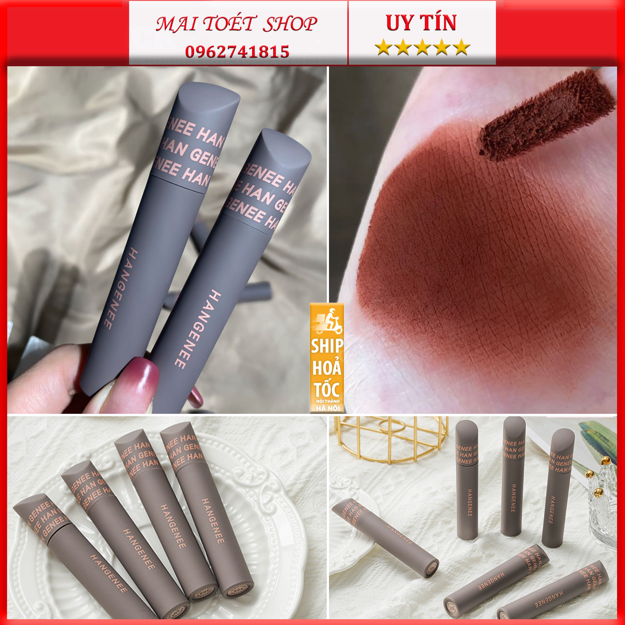 Son môi HANGENEE chất kem lì dễ tán, mẫu mới tone đỏ nâu đất cực HOT, mỹ phẩm nội địa trung