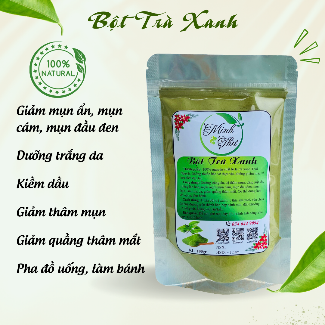 Bột trà xanh Minh Thư, bột trà xanh đắp mặt, trà xanh Thái Nguyên, giảm mụn ẩn mụn cám túi 100gr