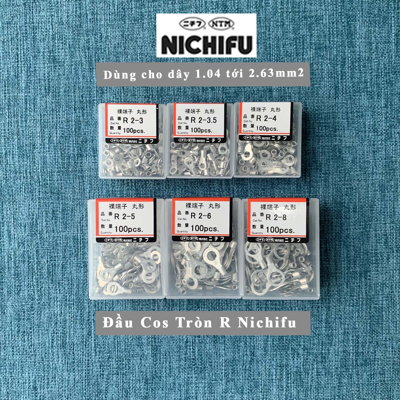 Đầu cos tròn r2 nichifu nhật bản - dạng tròn loại trần - cho dây 1.04~2.63mm2 - r2-3 r2-3.5 r2-4 r2-5 r2-6 r2-8