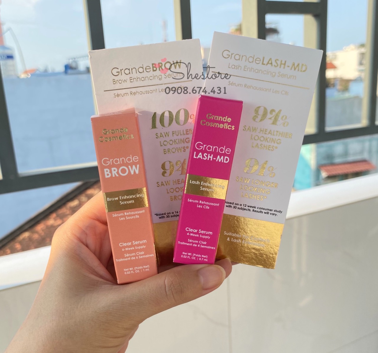 Tinh chất dưỡng dài mi grandelash md 0.7ml & dưỡng mày grandebrow 1ml của grande cosmetics fullbox