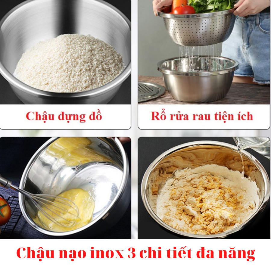 ️ chậu nạo inox, bộ 3 món bào ️ nạo rau củ kiêm rổ và chậu inox cao cấp đa năng