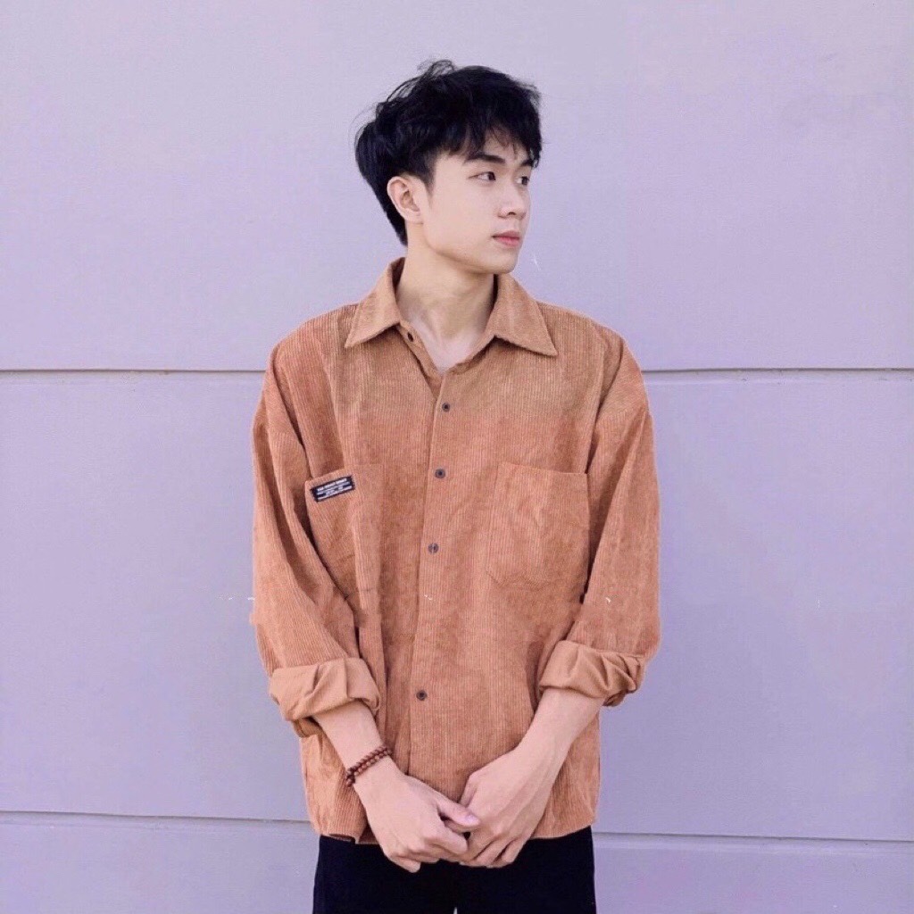 Áo Sơ Mi Nhung/ Áo Khoác Kiểu Dáng Sơ Mi Chất Nhung Thêu Logo Túi - From Rộng Nam Nữ Phong Cách Hàn