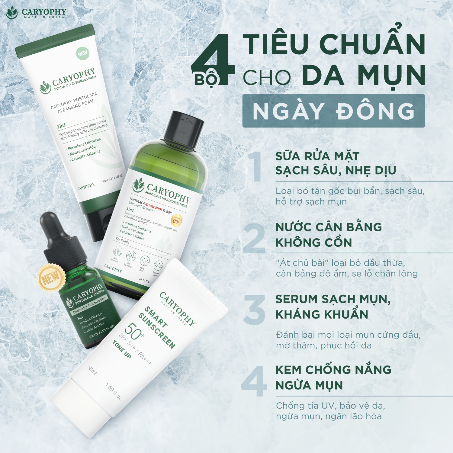 Combo 3 Sản Phẩm Caryophy Toner Serum sữa rửa mặt sạch mụn chính hãng