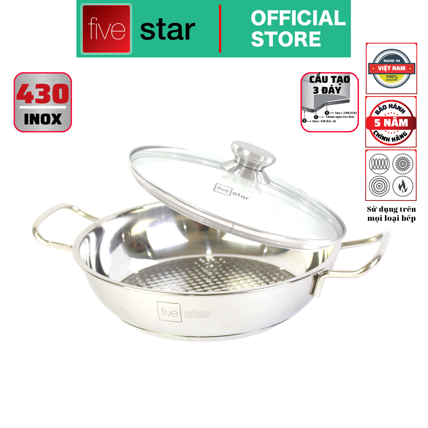 Chảo lẩu xào caro 3 đáy Fivestar Standard nắp kính 24cm L24-3DG , dùng được mọi bếp , bảo hành 5 năm