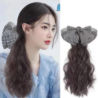 Tóc giả ngoạm xù dáng ngắn kèm nơ kẻ ziczac phong cách cho nữ