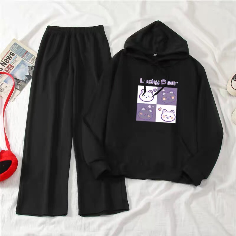 Sét áo hoodie kèm quần ống rộng in hình 4 mặt gấu lucky bear