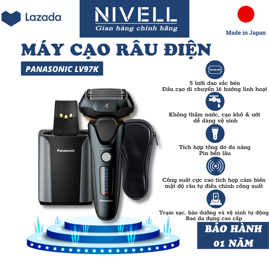 Dao cạo râu điện Panasonic cho nam, Máy cạo râu điện, ARC5 với Trạm sạc và làm sạch tự động cao cấp, Máy cạo râu khô ướt dành cho nam, Dao cạo không dây, có tông đơ bật lên ES-LV97-K, Màu đen