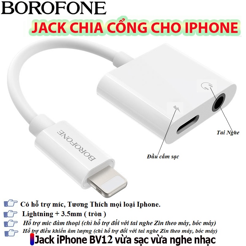 Jack chuyển đổi tai nghe có mic 2in1 BOROFONE Lightning sang 2 Lightning vừa sạc vừa cắm tai nghe hỗ trợ míc