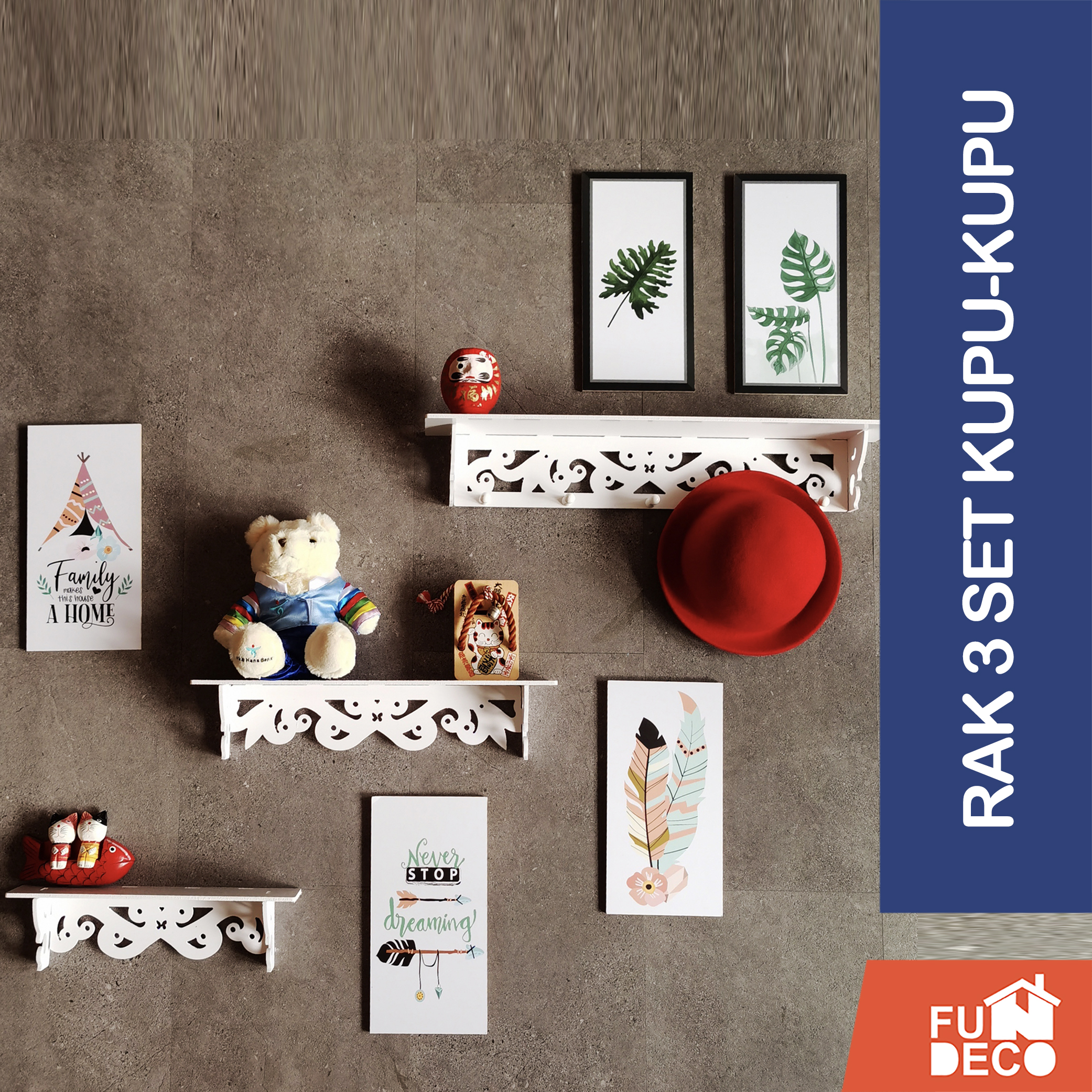 Rak Dinding Tempel 1set isi 3pcs Hiasan Kamar susun 3 Hiasan Rumah Pajangan kamar tidur