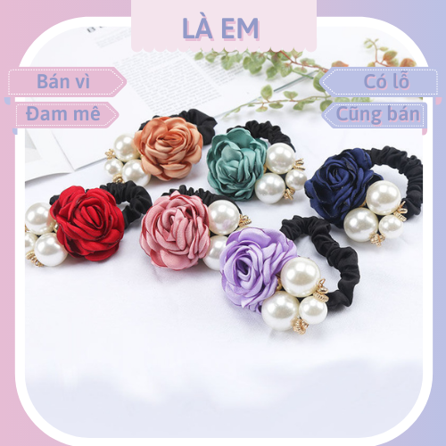 Dây cột tóc dây buộc tóc nữ đóa hoa hồng hạt châu phong cách idol hàn quốc