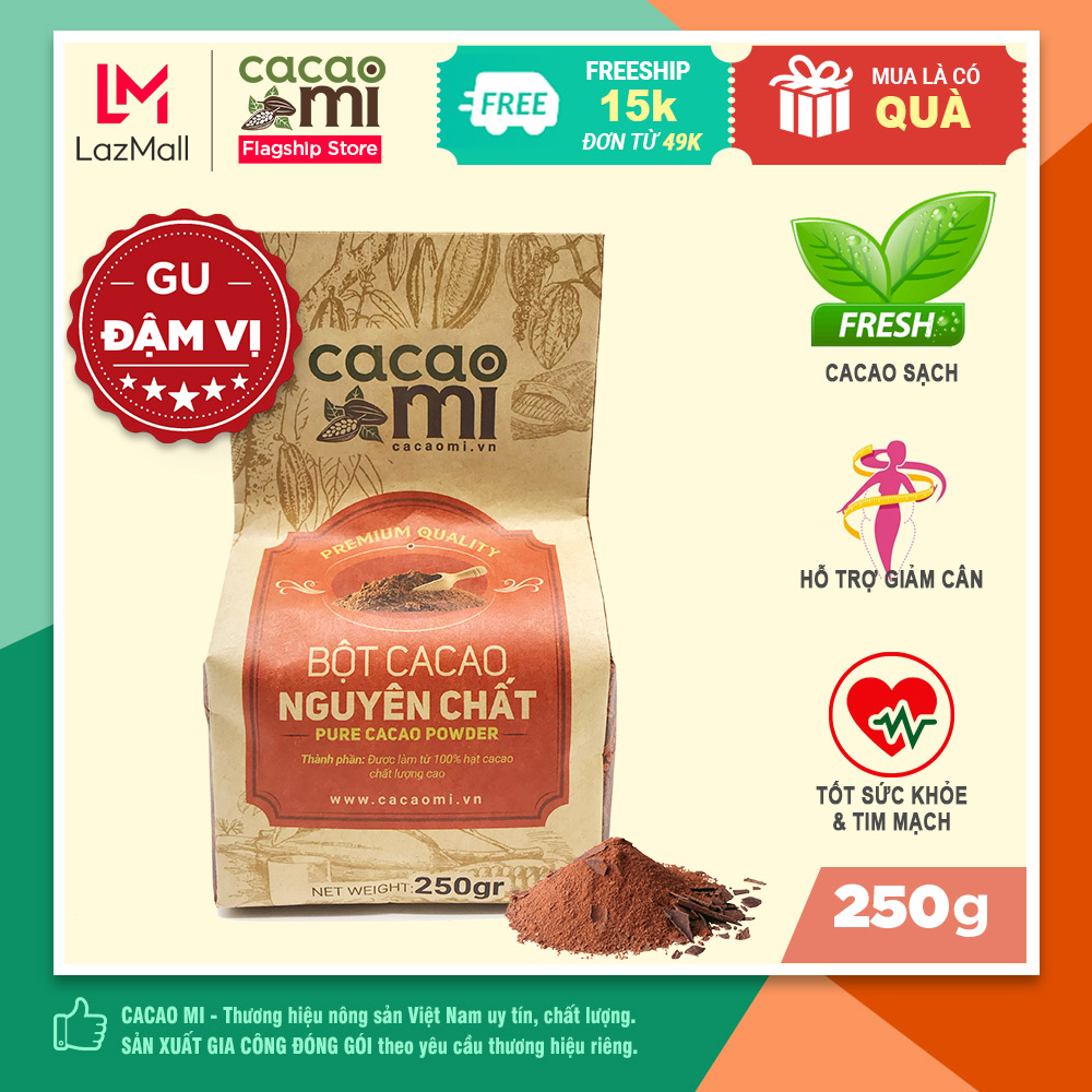  Bột cacao nguyên chất không đường CACAOMI Premium - Thức uống socola nóng đậm vị ca cao chuyên pha chế sô cô la nóng trà sữa milo dầm phù hợp ăn kiêng giảm cân Keto Eatclean ăn chay thực dưỡng healthy chuẩn xuất khẩu 250g 