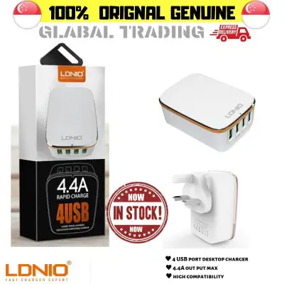 [GENUINE] LDNIO A4404 FAST CHARGING 4 USB CHARGER PORTS (AUTO-ID 4.4A OUTPUT AUTO MAX, USB X 4) UK PIN MALAYSIA PLUG SOCKET - WHITE (1)