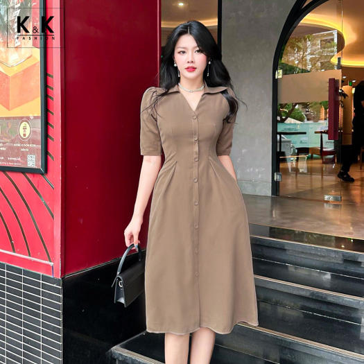 Đầm công sở dáng xòe cổ sơ mi KK160-33 | Thời trang công sở K&K Fashion