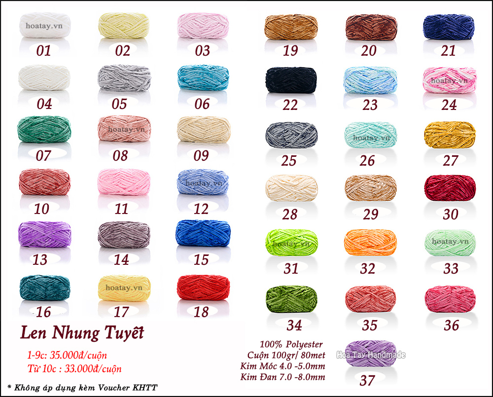 Len Nhung Tuyết mềm mịn, dễ đan móc, dùng đan móc thú bông, áo ấm, chăn, thảm len...Bảng màu 02