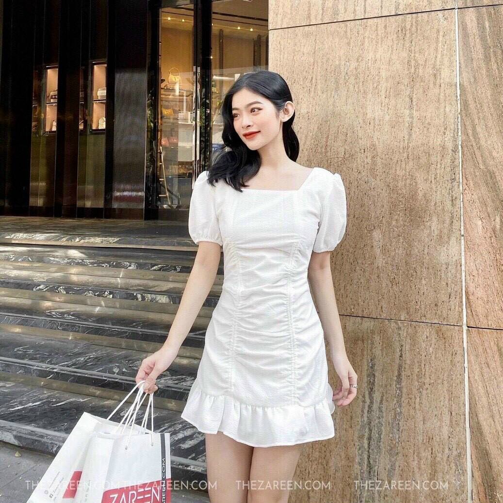 Hot! đầm váy thời trang nữ nhún bèo cổ vuông tay phồng no1-sg -fashion