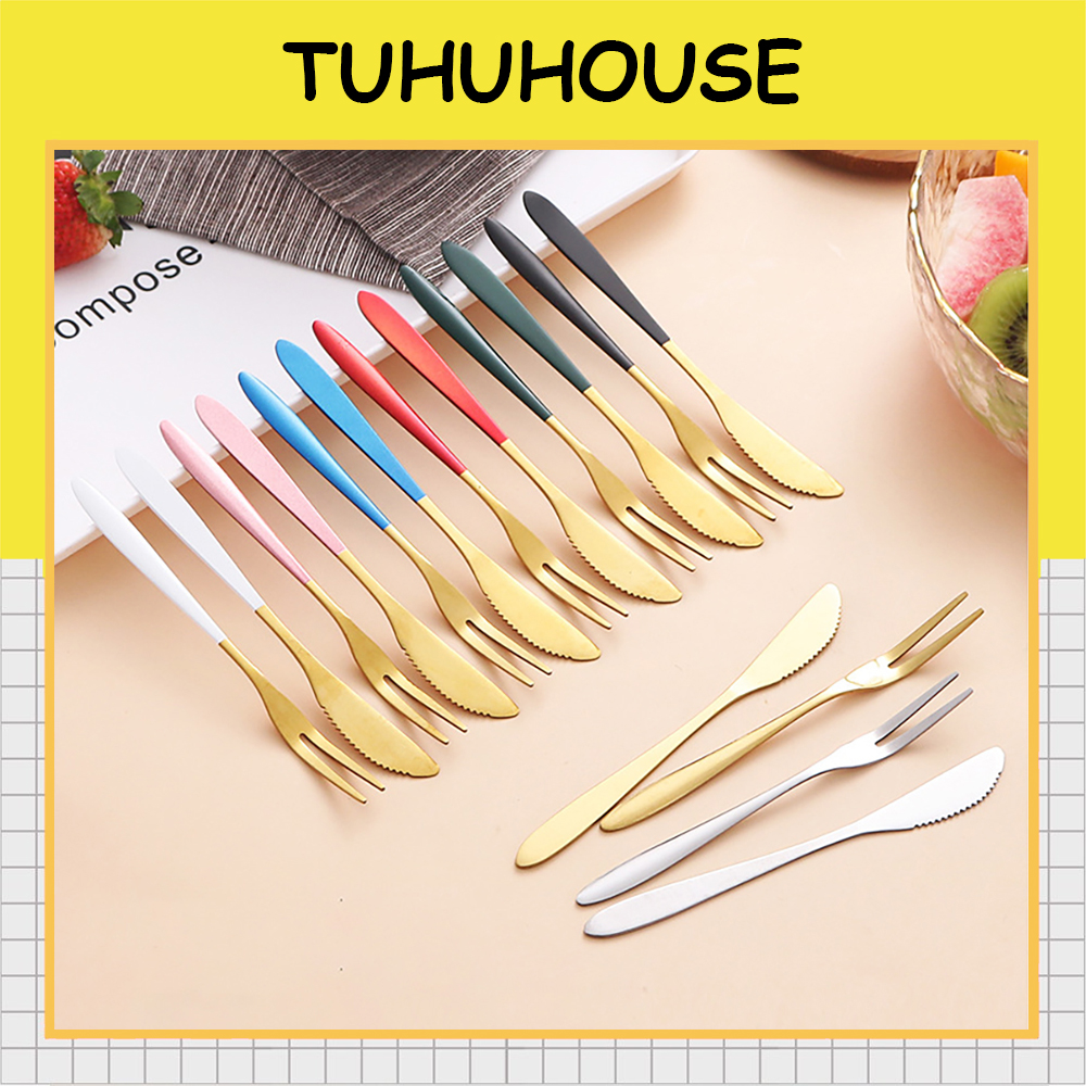 Dao nĩa dĩa ăn hoa quả trái cây tráng miệng inox mạ vàng decor cao cấp - TUHUHOUSE