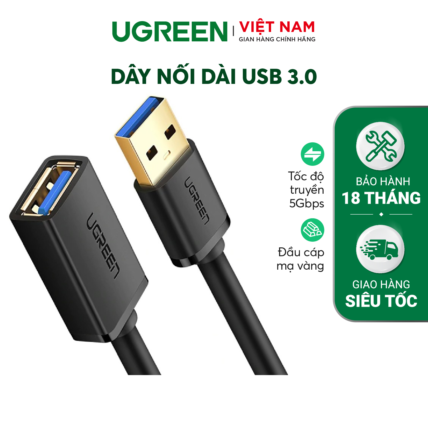 Dây nối dài USB 3.0 UGREEN US129 | Dây dạng dẹt và tròn | Chiều dài 1-3m | Bảo Hành 18 Tháng 1 Đổi 1 | 10368 10806 30127 10373 10807 30126 30125.