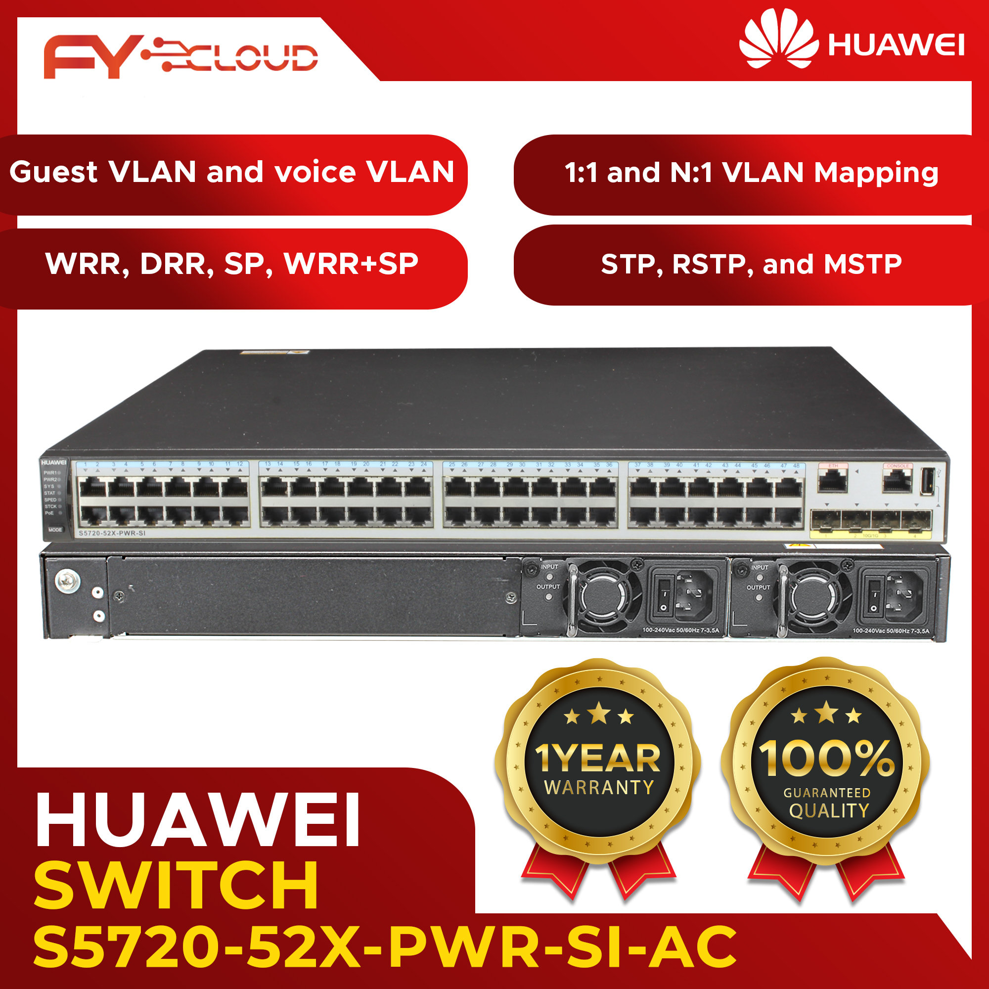 Huawei / Switches S5720-52X-PWR-SI-AC / RIPv1, RIPv2 and RIPng,ECMP / (48 Ethernet 10/100/1000 PoE+ ports,4 10 Gig SFP+,with 500W AC power) /OSPF, OSPFv3, IS-IS, IS-ISv6, BGP and BGP4+ /IPv6/ (PMTU) / IGMP v1/v2/v3 / PIM-SM, PIM-DM, PIM-SSM, MSDP / AAA