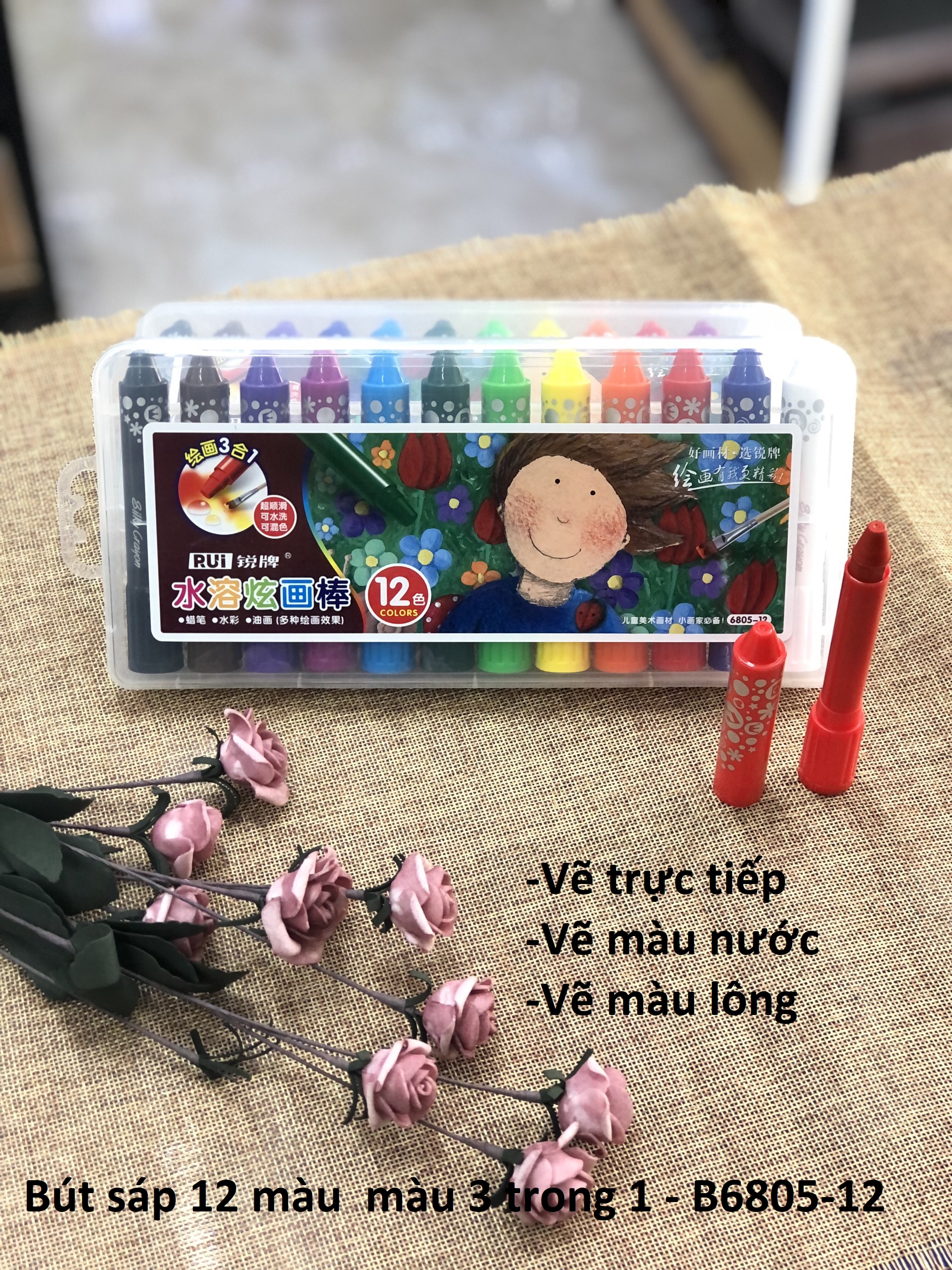 Sáp màu 3 trong 1 -vẽ trực tiếp/ vẽ nước/ vẽ bút lông - an toàn vẽ lên da - rui 6805 - 12/18/24 màu - vpp đức minh sỉ/lẻ