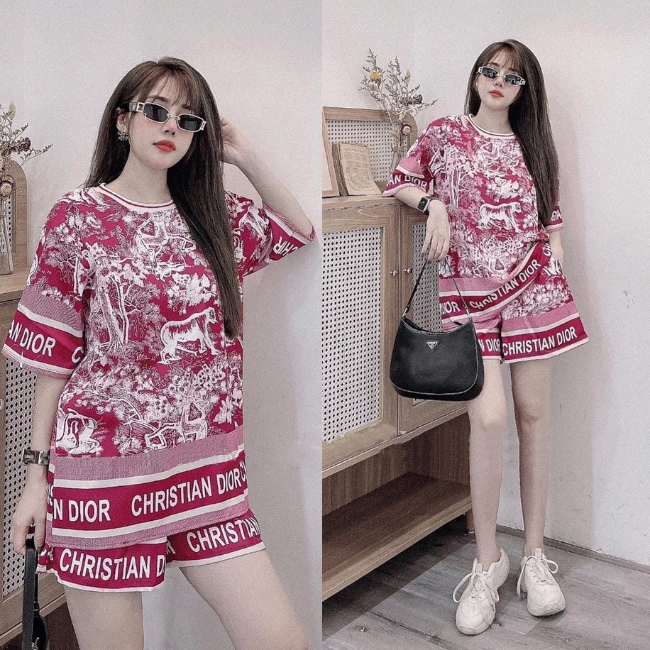 Đồ bộ thun đùi form rộng họa tiết in 3D màu tím đỏ
