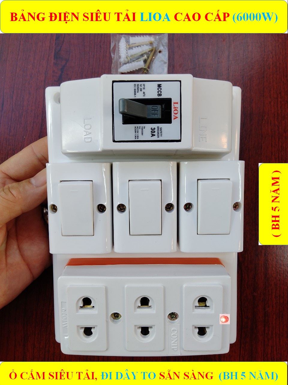 Bảng điện nổi, Táp lô điện CONIP CHỊU TẢI CAO 6000W (BH 5 NĂM) + 3 Công tắc + 1 Ổ cắm SỨ SIÊU TẢI 6000W lò xo chống giãn + Đã đi dây TO sẵn sàng + Bộ ốc vít lắp đặt (bộ 1 sp )