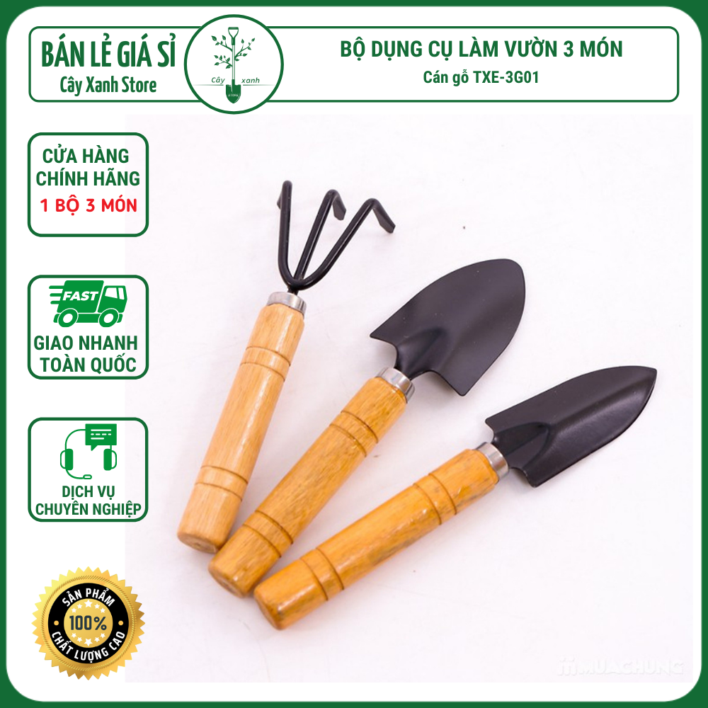 Dụng cụ làm vườn 3 món cán gỗ mini loại nhỏ
