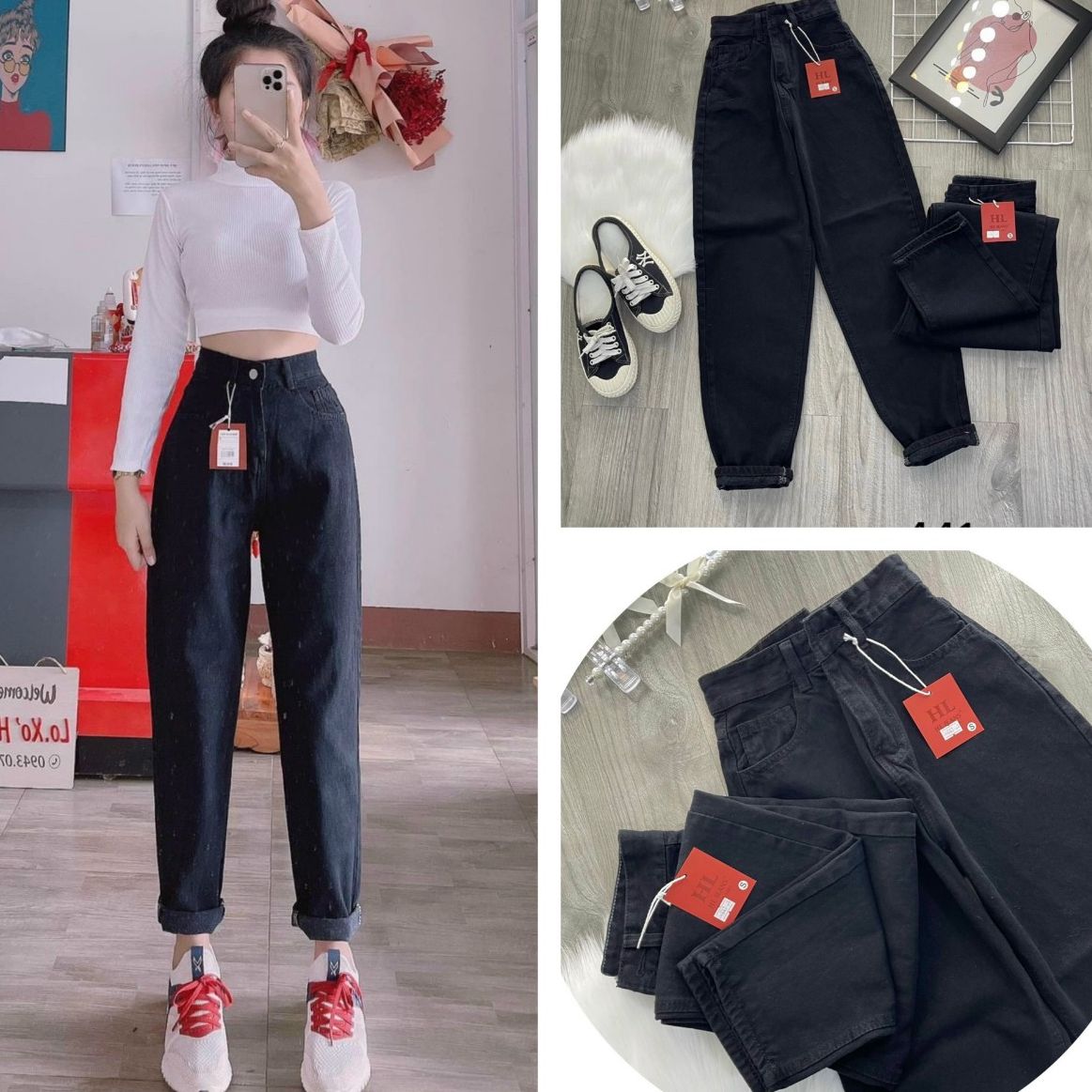 Quần bò nữ, Quần Baggy jean nữ lưng cao chất bò mịn đẹp - Chuyên sỉ jean TL_HCM