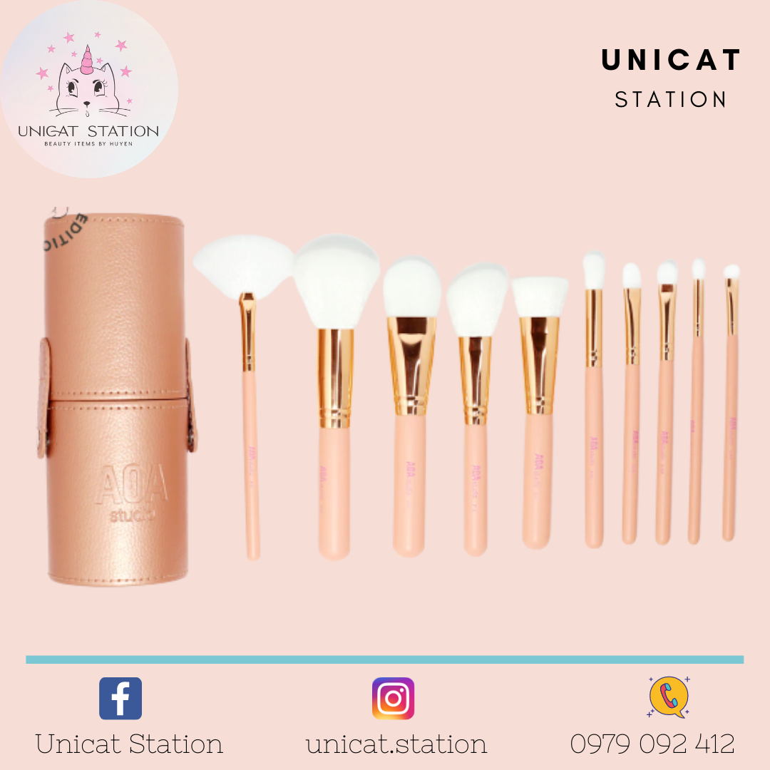 Bộ cọ aoa paw paw rose gold brush set 10 cọ + 1 ống đựng cọ