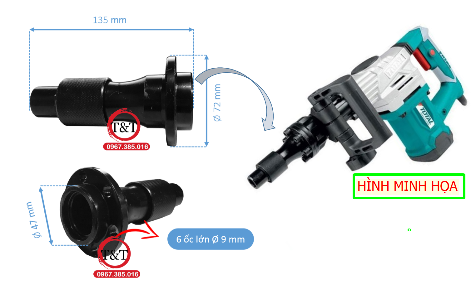 Đầu đục đục bê tông 0810 total / đầu bi 6 ốc lớn total