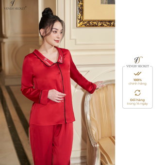 Bộ lụa Pijama dài tay cổ thêu Logo VENUSSECRET