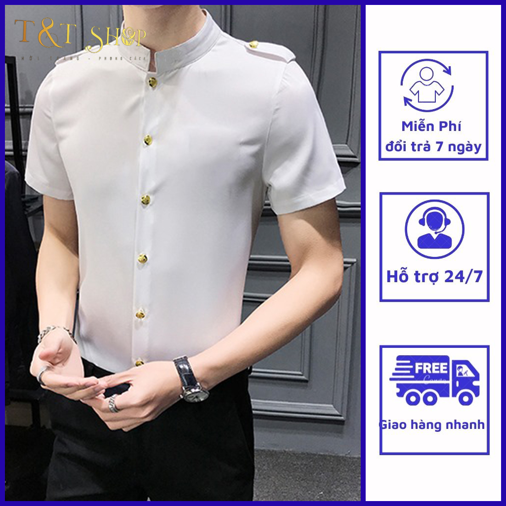 Áo sơ mi nam, Áo sơ mi Cộc tay T&T Cotton cổ đứng phong cách lịch lãm, không nhăn, không xu, co giãn nhẹ mã N21