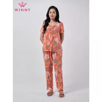 WINNY - Bộ đồ lanh cộc tay quần dài mặc nhà họa tiết hoa lá 2MNLA23035D