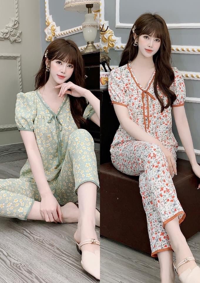 Set bộ lụa mặc nhà hoa nhí cổ tim nơ phối viền cực sang