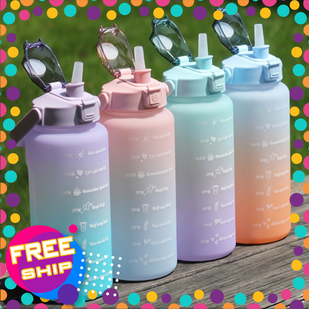 [TẶNG KÈM STICKER CỰC DỄ THƯƠNG] Bình Đựng Nước Thể Thao 2L Có Vạch Báo Giờ Uống Nước Và Ống Hút Nhắc Nhở Bạn Uống Đủ Nước Mỗi Ngày -Bình Nước 2L Học Sinh Nhiều Màu Cực Cute