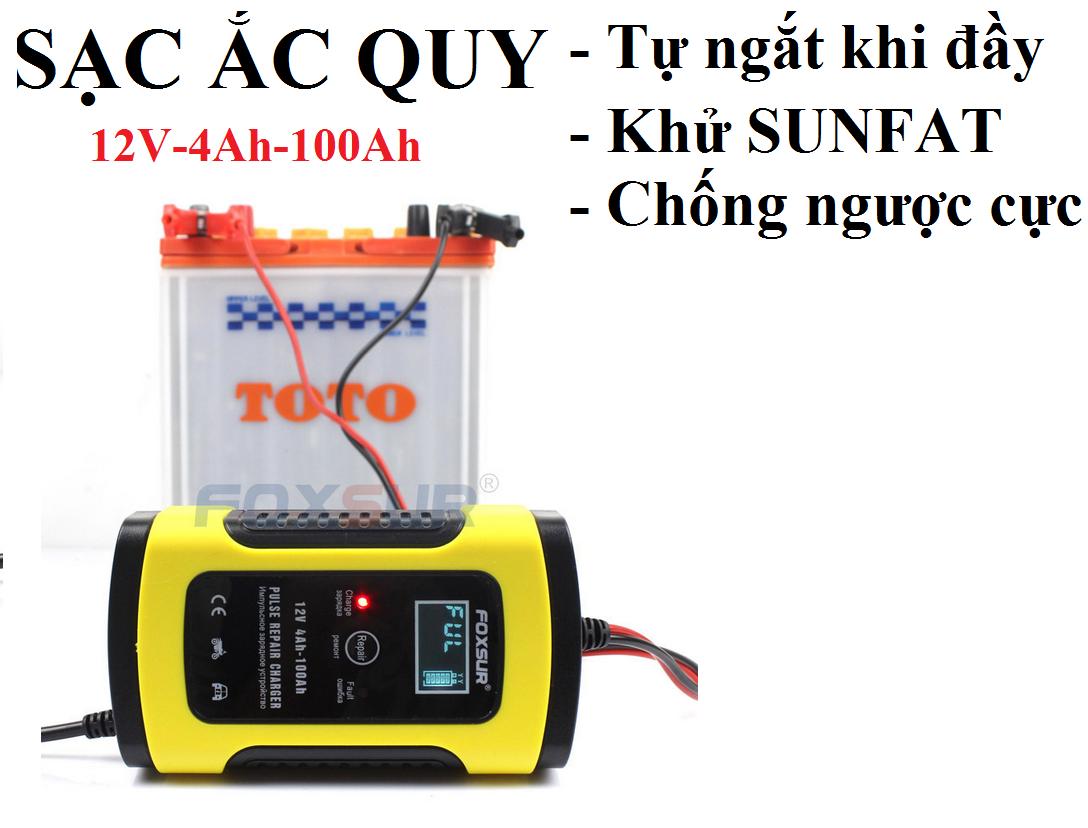 Sạc bình ắc quy 12v 5a 4ah - 100ah foxsur sạc nhanh khử sunfat phục hồi bình hư hỏng tăng độ bền của bình lcd