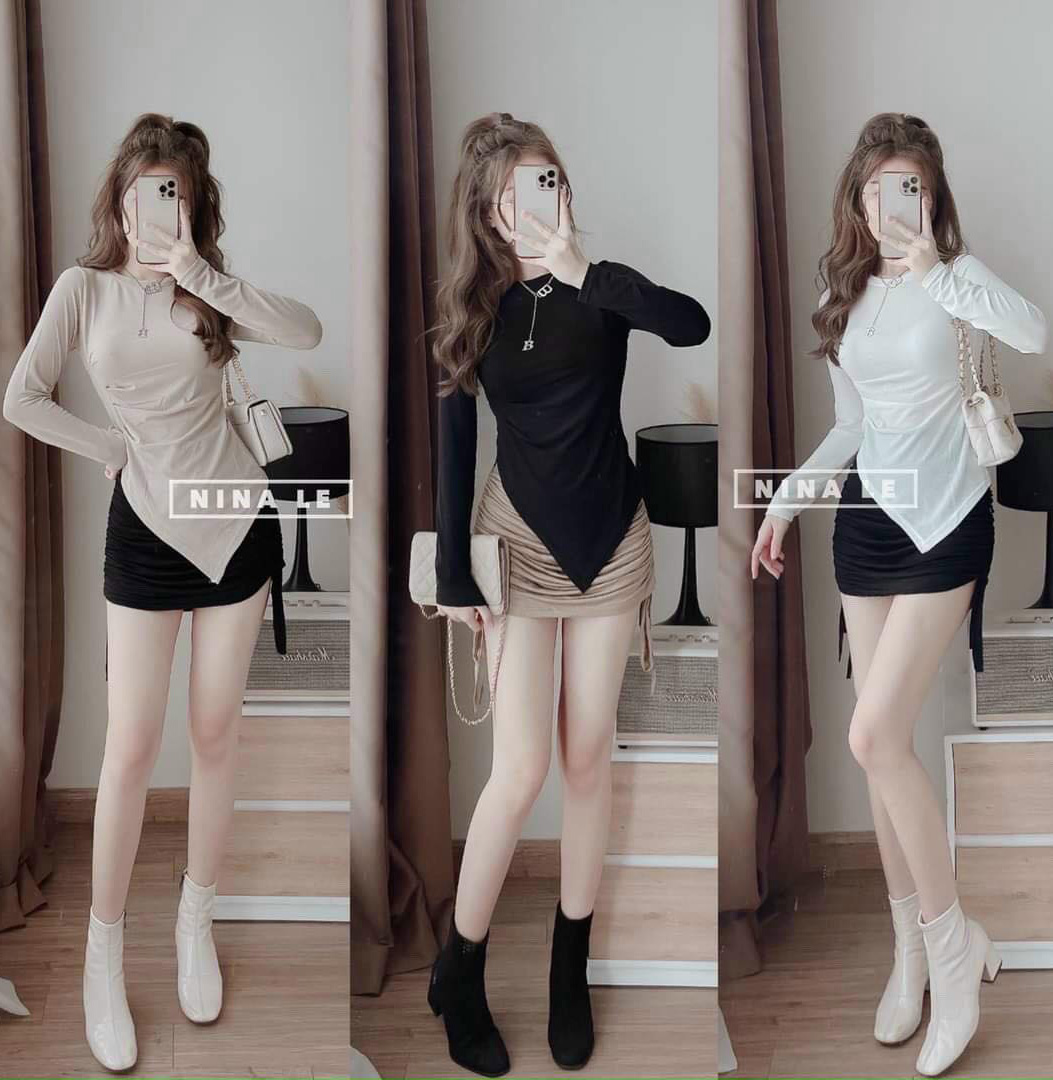 [Mẫu Hot] Sét Đồ Bộ Nữ Áo Cổ Tròn Tay Dài & Chân Váy Nhún Rút Dây Thời Trang Kiểu Cách Đi Chơi, Đi Dự Tiệc D.ONE FASHION, Mẫu Free Size (40-55Kg) Mặc Vừa