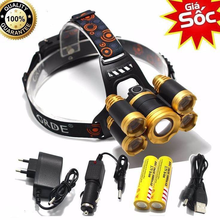 Đèn pin đội đầu siêu sáng , Đèn pin chiếu sáng đội đầu 5 bóng siêu sáng , chiếu xa 1000m , chống nước , pin trâu , giá cực rẻ