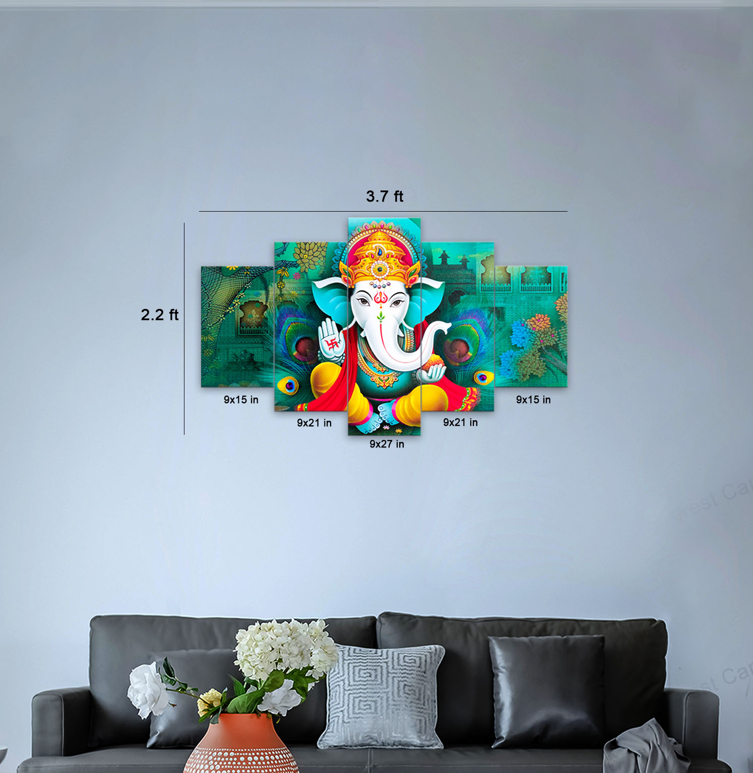 5 Panel Greenish Ganesh on Matte Canvas Cotton Print Small Size