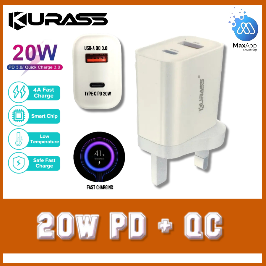 (Ready stock) KURASS 20W PD + QC 3.0 Dual USB Type C Fast Charging 4A Max UK Plug Universal Travel Charger Adaptor