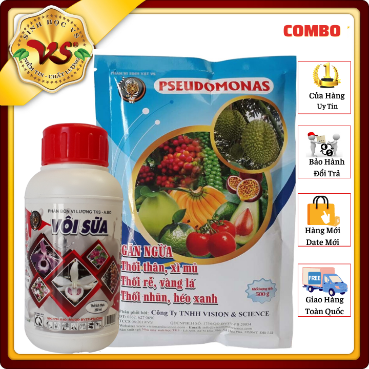 Bộ Đôi Phòng Trừ Bệnh Héo Xanh Và Thối Rễ, Vàng Lá - PSEUDOMONAS 500g + VÔI SỮA 250ml