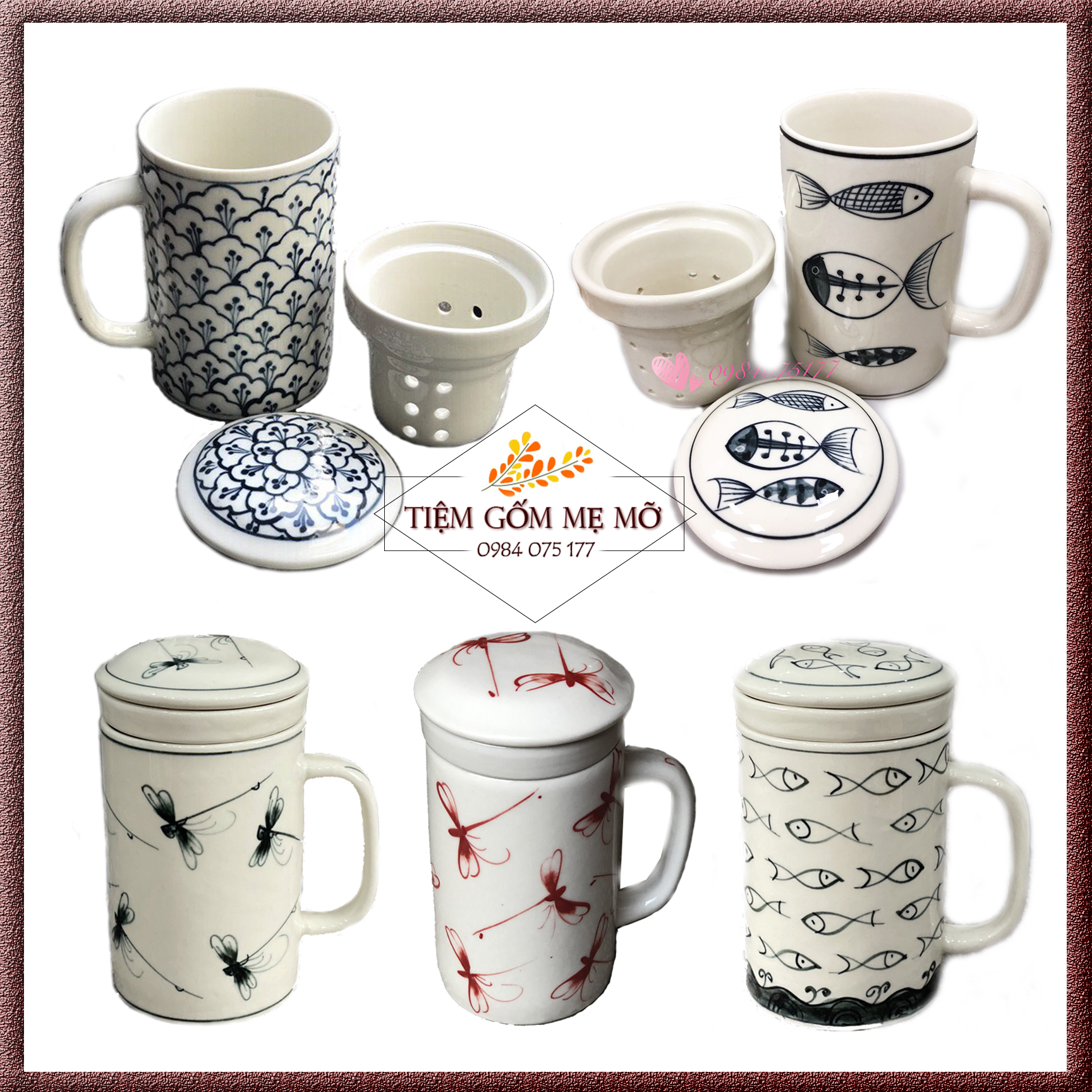 Bộ cốc lọc trà gốm sứ Bát Tràng hàng vẽ tay