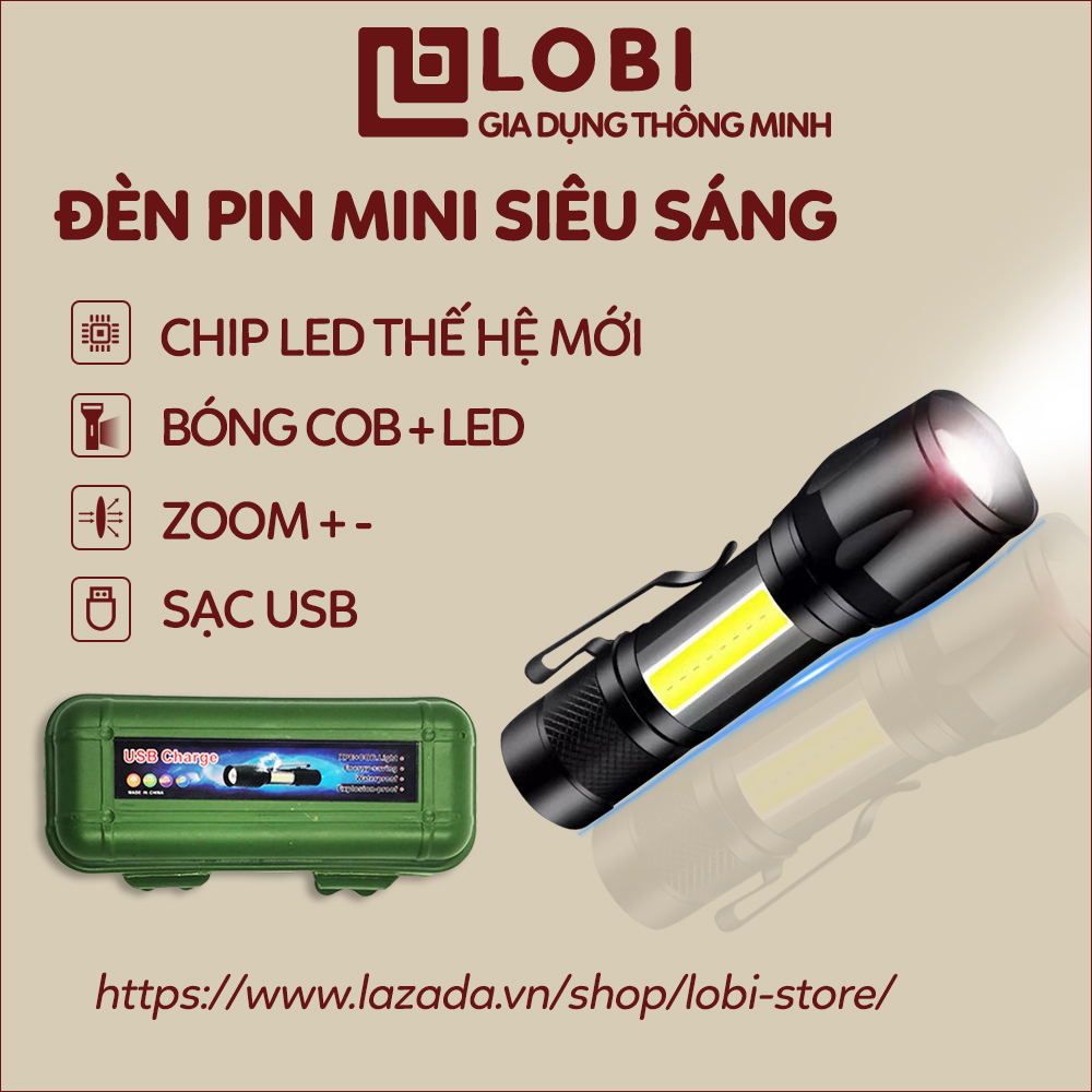 Đèn pin siêu sáng Đèn pin mini tích điện sạc USB bóng LED XPE COB có zoom chống nước cầm tay chuyên dụng Lobi Store