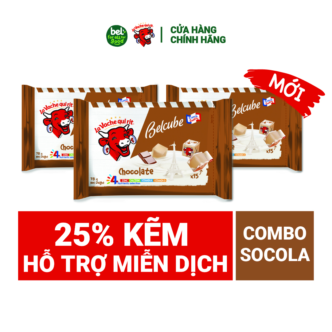 [Chỉ giao HCM] Combo 3 Gói Phô Mai Vuông Belcube Vị Socola (15 viên) Hỗ Trợ Hệ Miễn Dịch