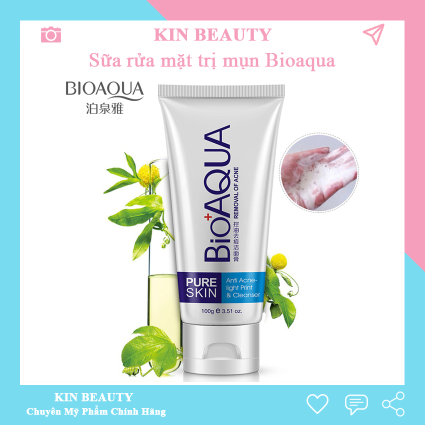 Sữa rửa mặt cho da dầu mụn Bioaqua Pure Skin Anti Acne Cleanser 100g Kin Beauty