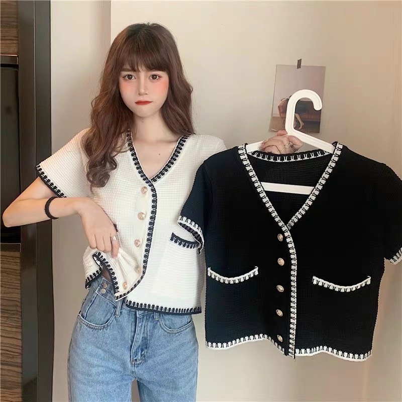 Áo len tay ngắn cổ tim bo viền